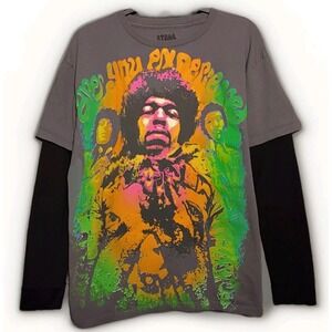 Jimi Hendrix Stone Free T-Shirt L Psychedelic Gray Black Thermal Sleeve Guitar